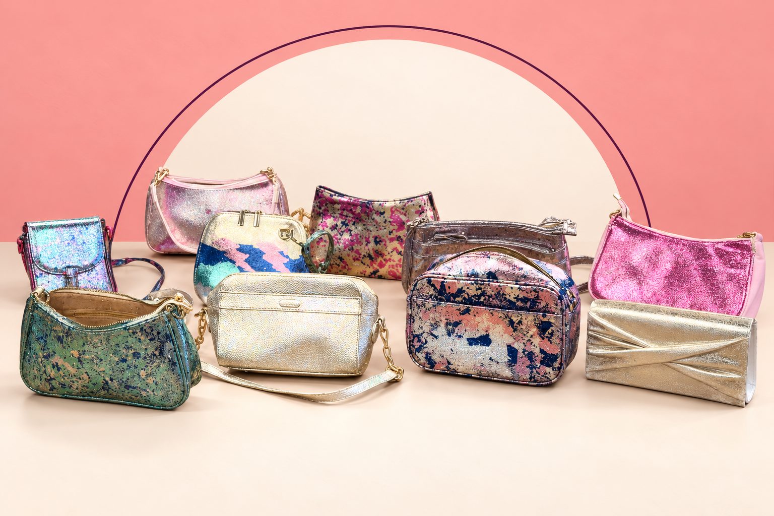 Bags on a table with pink, gold, silver, turquoise and multicoloured foil-leaf finishes.